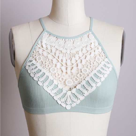 123. LAST 1! Green Bra Halter Crochet Appliqué Bralette Adjustable Straps - Picture 4 of 6